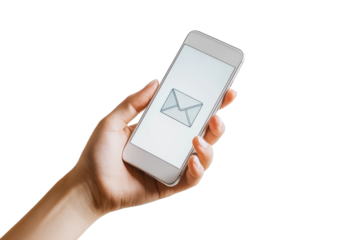 Mobile Message: A close-up shot of a hand holding a mobile phone, a digital message icon shines on the screen, illustrating connection and communication.