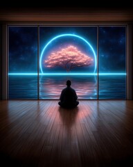 Cyber samurai meditating under neon cherry blossoms, night sky glowing in purple and cyan hues, serene futuristic aesthetic