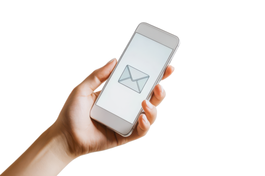 Mobile Message: A close-up shot of a hand holding a mobile phone, a digital message icon shines on the screen, illustrating connection and communication. - Powered by Adobe