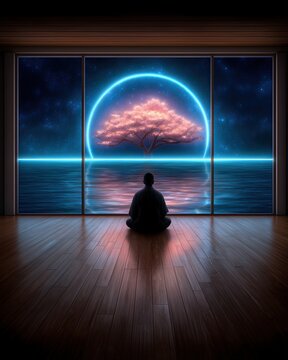 Cyber samurai meditating under neon cherry blossoms, night sky glowing in purple and cyan hues, serene futuristic aesthetic