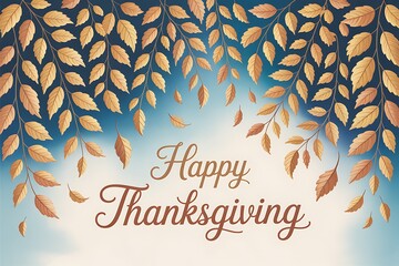 Happy thanksgiving text with falling autumn leaves and blue sky