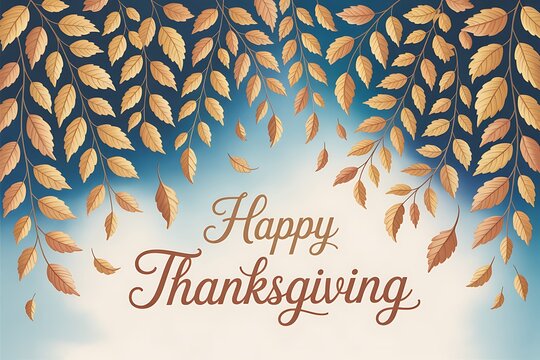 Happy thanksgiving text with falling autumn leaves and blue sky - Powered by Adobe