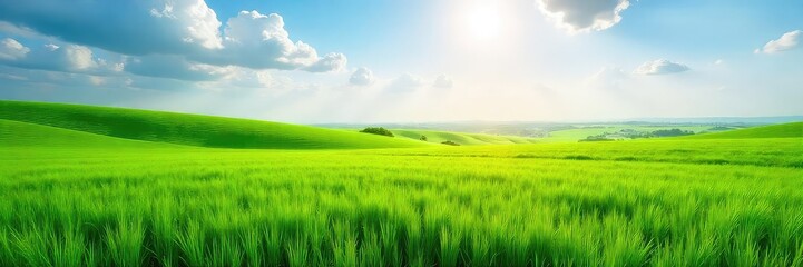 Fototapeta premium Vast expanse of lush green fields stretching to the horizon, bathed in sunlight Perfect for nature, environmental, and landscape projects Ideal for backgrounds or textures , texture, environment
