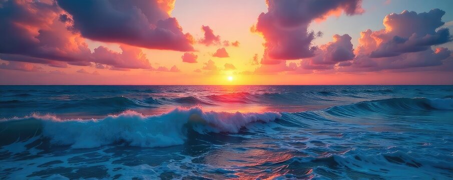 Vast expanse of deep blue ocean, waves gently rolling under a vibrant sunset sky Perfect for travel, nature, and serenity themes , tropical, waves