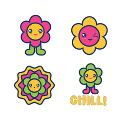 Cheerful Retro Kawaii Mascot Flower Icon Set Cartoon Characters