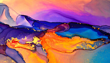 Vibrant Abstract Landscape Artwork with Swirling Hues of Purple, Blue, Orange, and Gold