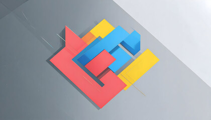 Abstract Composition Featuring Interlocking Geometric Shapes in Red, Blue, and Yellow