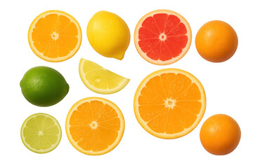 Fototapeta premium Citrus fruit medley with sliced oranges, lemons, limes, and grapefruit offering healthy vitamin c on transparent background