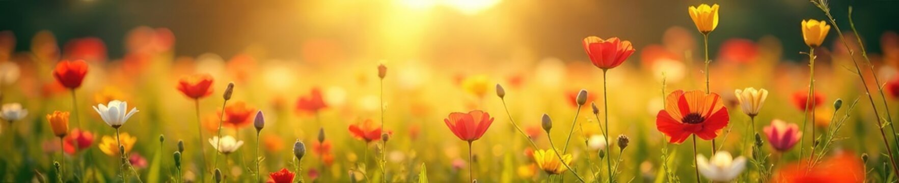 Fototapeta Vibrant abstract field of wildflowers swaying gently in a summer breeze, bathed in golden sunlight  Perfect for nature, travel, or environmental themes ,  season,  light