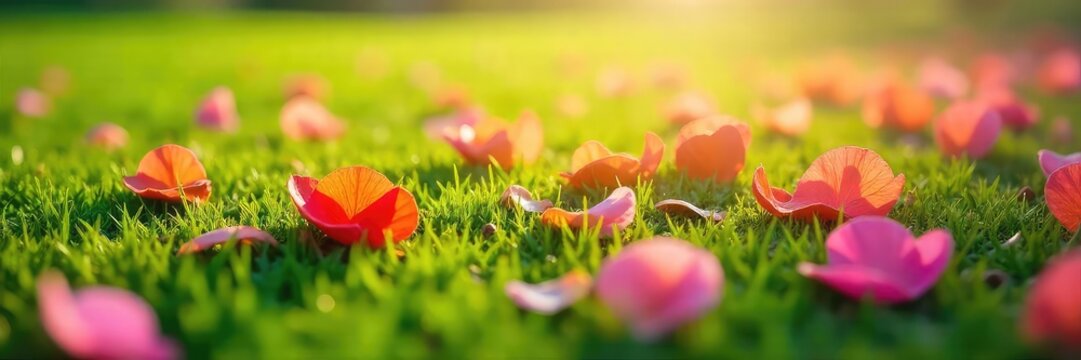 Fototapeta Vibrant, freshly fallen flower petals scattered on lush green grass, illuminated by soft sunlight  Perfect for spring, nature, and floral themes ,  plant,  vibrant