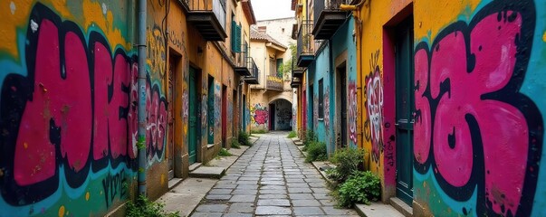 Vibrant, narrow alleyway bursting with color from graffiti art and building facades A playful mix of textures and urban decay adds visual interest , details, facade, shadow