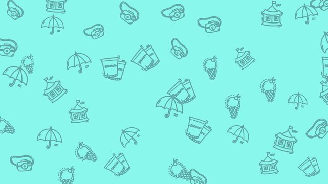 Whimsical turquoise pattern featuring a column of fun elements, evoking a playful circus and summer theme, creating a delightful background