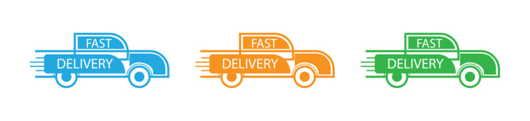 Fast Delivery Truck Icon Set in Blue, Orange, and Green Colors