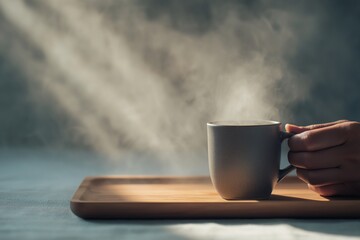 Ceramic mug with steam, soft focus background, hands not visible, digital detox concept
