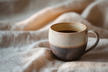 Ceramic cup of coffee on linen napkin, natural morning light, warm tone, quiet mood, minimal still life