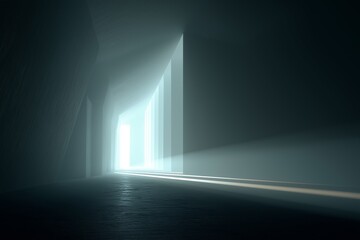 Minimal tunnel with bright volumetric light rays and futuristic calm atmosphere.