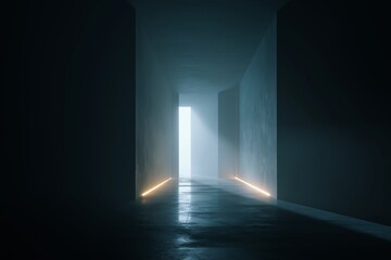 Minimal tunnel with bright volumetric light rays and futuristic calm atmosphere.