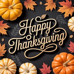 Happy thanksgiving text with pumpkins and autumn leaves on black