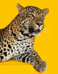Leopard with Spotted Fur Isolated on Yellow Background for Animal Object and Wildlife Predator Concept