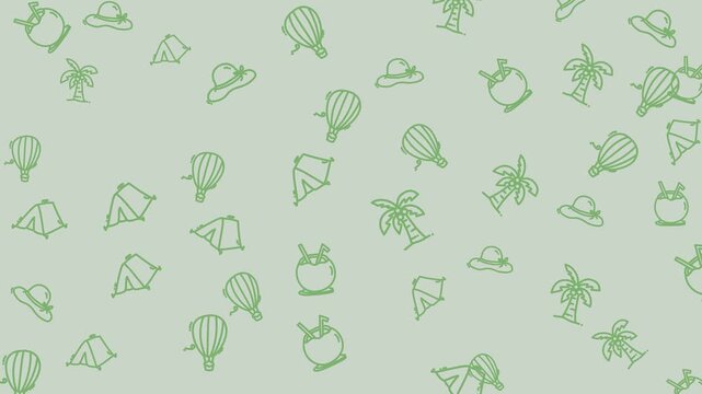 Seamless Pattern with Column Arrangement Travel Icons and Vacation Elements in Green Silhouette Design
