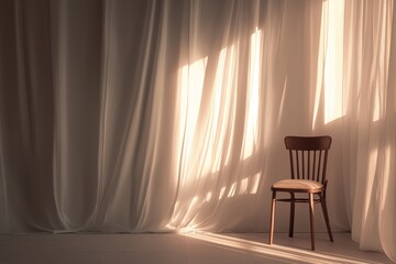 Wooden chair in warm morning sunlight near soft white curtains, calm and peaceful interior scene.