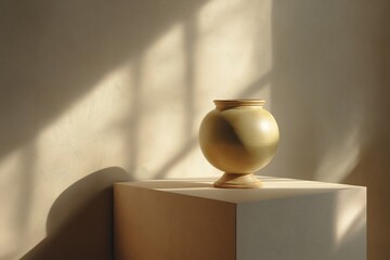 Golden ceramic vase on pedestal in warm sunlight, minimalist still life composition.
