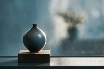 Blue ceramic vase on wooden base near window with soft light and calm mood.