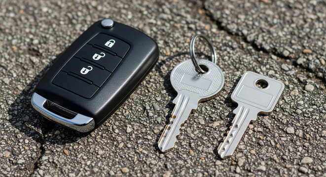 Modern Car Key Fob and Two House Keys on Asphalt
Close-up, high-angle view of a contemporary black car keyless entry remote fob and two silver house keys, lying side-by-side on a dark