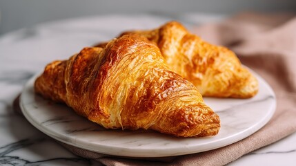 Two golden brown croissants with flaky layers are presented on a marble plate ready to be enjoyed
