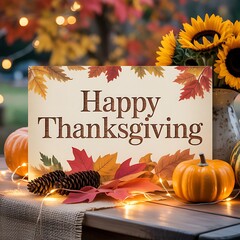 Happy thanksgiving sign with pumpkins and sunflowers on a table