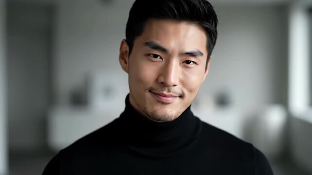 Confident Young Man Smiling in Casual Black Turtleneck Sweater