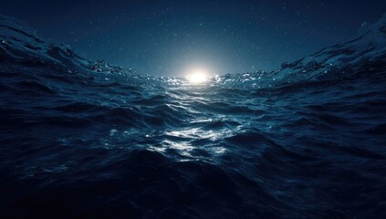 Dramatic ocean waves surge towards a glowing, starry night sky, with light reflecting