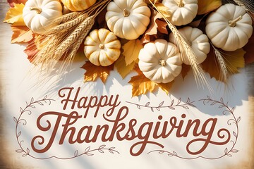 Happy thanksgiving white pumpkins and autumn leaves