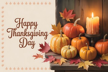 Happy thanksgiving day with pumpkins, candle, and autumn leaves