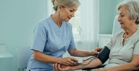 Woman nurse in blue uniform measures blood pressure of elderly woman in bright nursing home. Perfect for geriatric care, healthcare, and compassionate content.