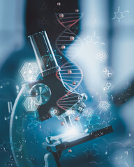 Microscope with holographic DNA and molecular structures, symbolizing advanced biotechnology, AI...