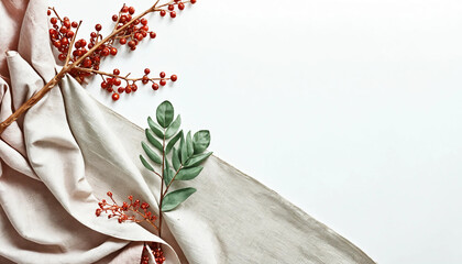 Floral arrangement with red berries and green leaves on textured fabric for creative decor