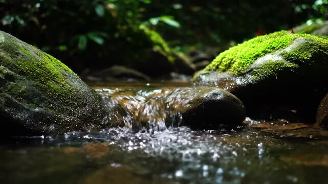 The gentle murmur of a mountain creek cascading over ancient, moss-covered boulders in a serene and tranquil woodland setting