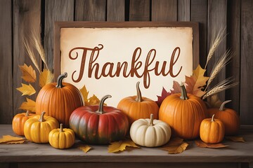 Thankful sign with pumpkins and autumn leaves on wooden background