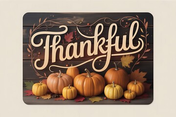 Thankful text with pumpkins and autumn leaves on a wooden background