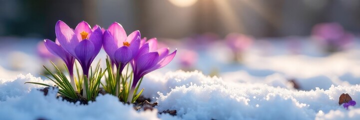 Vibrant purple crocuses emerge from the melting snow, signifying the arrival of spring Delicate petals unfurl in the gentle sunlight, a breathtaking display of springtime beauty , macro, flowers