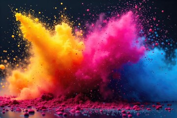 Naklejka premium Vibrant powder paint explodes in a mesmerizing cascade of color, creating a dynamic and abstract composition Perfect for design projects needing a burst of energy and creativity , energy, tones