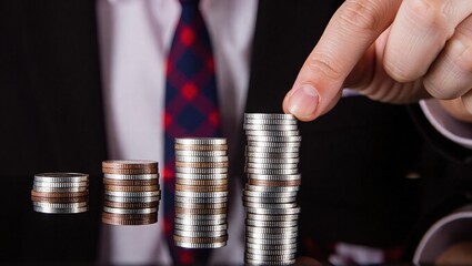 Businessman Stacking Coins - Financial Growth and Investment Strategy.