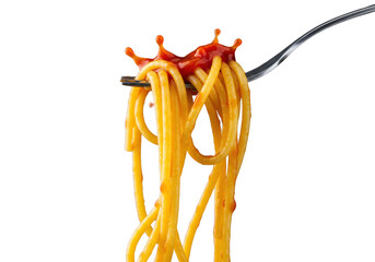 Vibrant yellow twirled spaghetti with rich red tomato sauce, suspended from a steel fork, mid-air droplets, extreme macro on transparent, dramatic chiaroscuro lighting, appetizing food concept