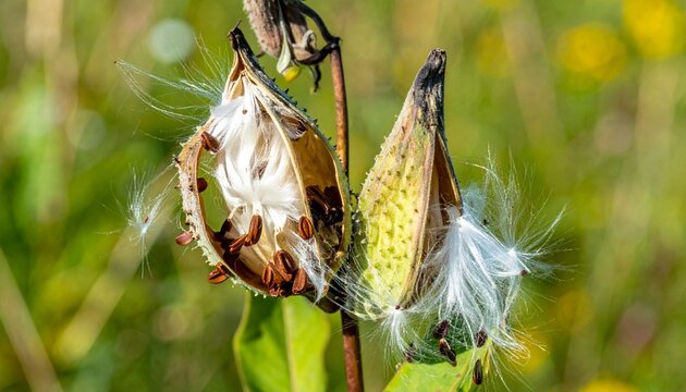 Milkweed seed pods split open showing silky floss and brown seeds in a sunlit meadow