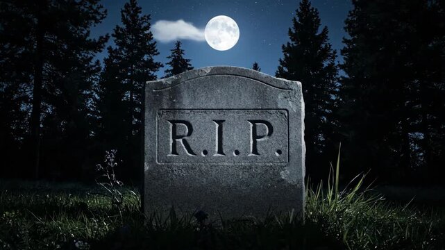 Spooky Graveyard with Moonlight Illuminating Tombstone at Night