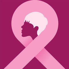 Pink awareness ribbon with woman profile. Breast cancer month. Vector illustration, flat design