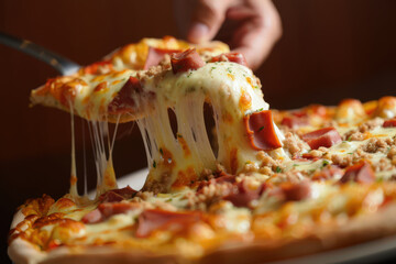 A Mouthwatering Slice of Pizza Being Lifted, Showcasing Melted Cheese and Toppings, Perfect for Food Photography and Culinary-Themed Projects and Restaurant Menus