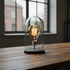 Creative concept of a glowing light bulb enclosed in a glass dome on a wooden table, symbol of innovation, inspiration, and sustainable energy