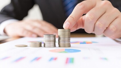 Businessman Stacking Coins on Financial Charts, Illustrating Investment Growth and Savings.